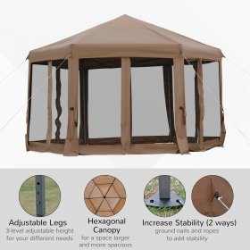 Outsunny 13' x 13' Heavy Duty Pop Up Canopy Tent, Hexagonal Gazebo with 6 Mesh Sidewall Netting, 3-Level Adjustable Height and Strong Steel Frame, Brown