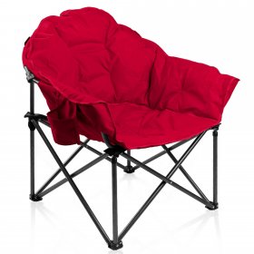 Alpha Camp Oversized Foldable Club Camping Chair Saucer Padded Moon Round Chair With Cup Holder, Red