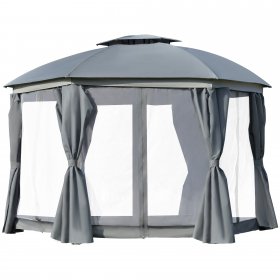 Outsunny 12' x 12' Round Outdoor Patio Gazebo Canopy with 2-Tier Roof, Grey