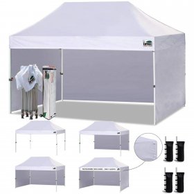Eurmax 10x15 Ez Pop-up Canopy Tent with 4 Sidewalls and Roller Bag, Bonus 4 SandBags (White)